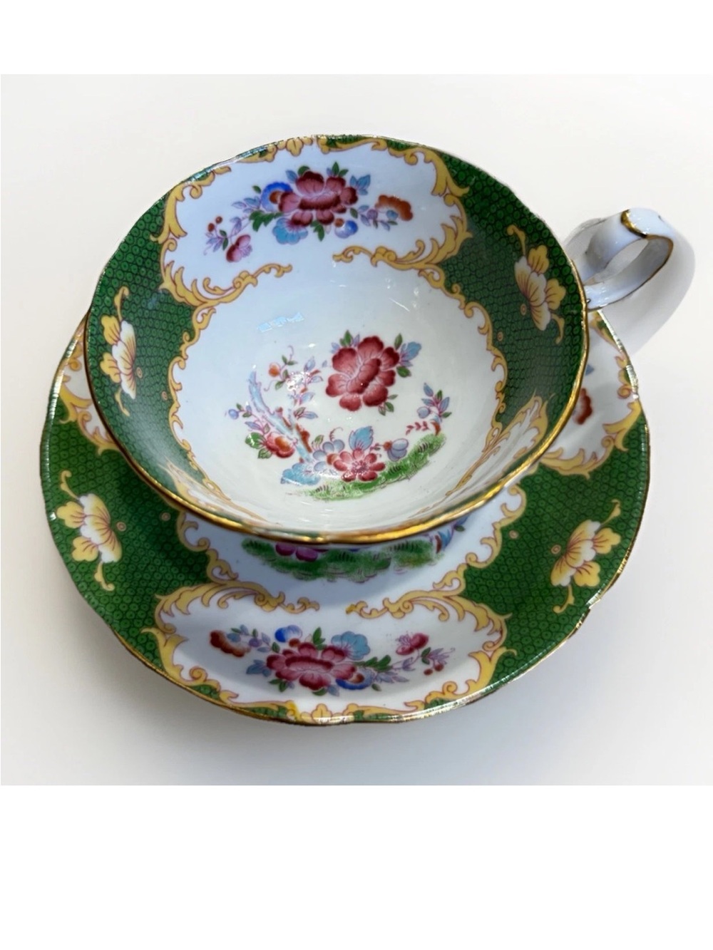 Vtg Royal Grafton Canton Footed Cup Saucer Bone China England Floral Green Gold